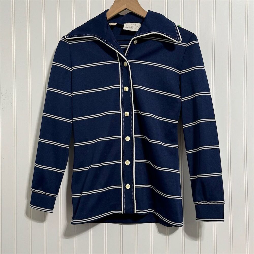 VTG 70s Carole King Navy Stripe‎ Button Up Dagger Pointed Collar Knit Shirt